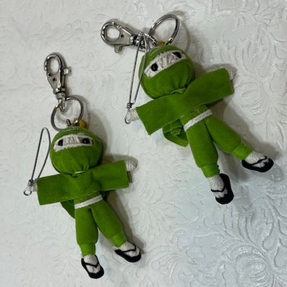 TWO Ninja String Doll Keychain Toys w/Swords Lime Green 2.5" x 3" NEW - Picture 2 of 8